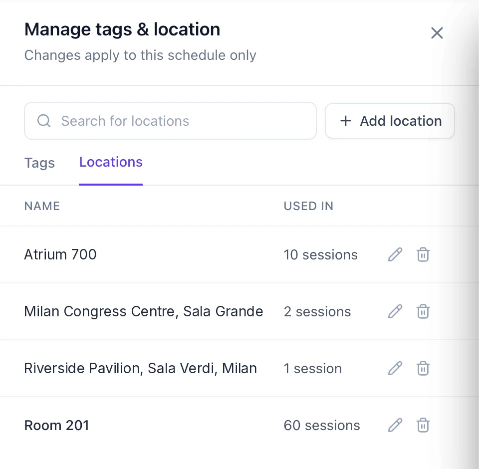 The Locations tab listing rooms and venues with the number of sessions in each.