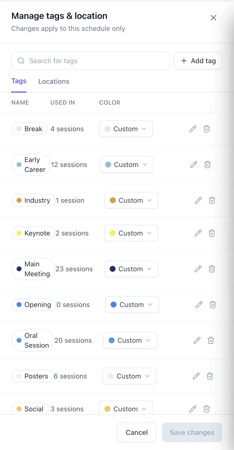 The Tags tab of Manage tags and location, listing each tag with its colour and the number of sessions using it.