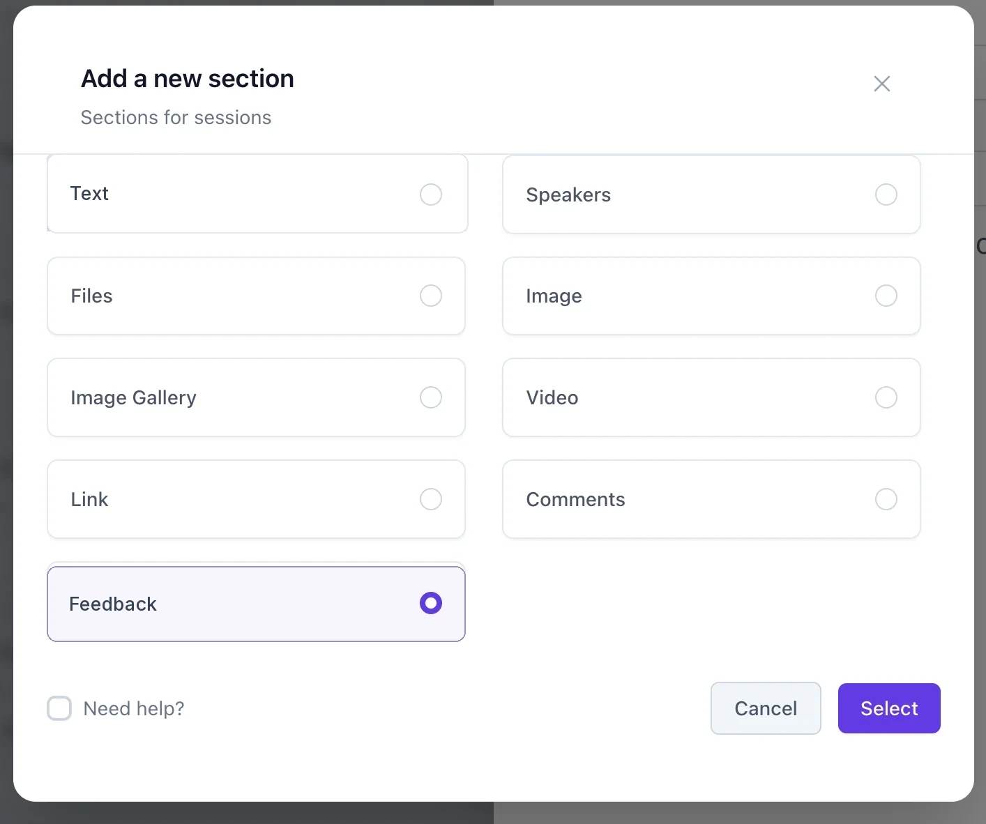 The Add a new section dialogue listing Text, Speakers, Files, Image, Image Gallery, Video, Link, Comments and Feedback.