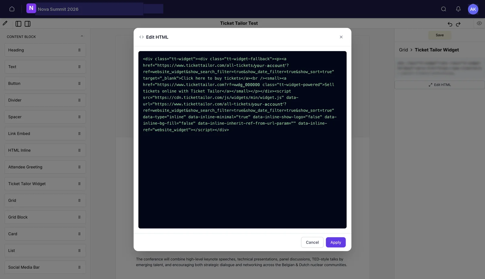 The Edit HTML dialogue containing the Ticket Tailor widget embed code.