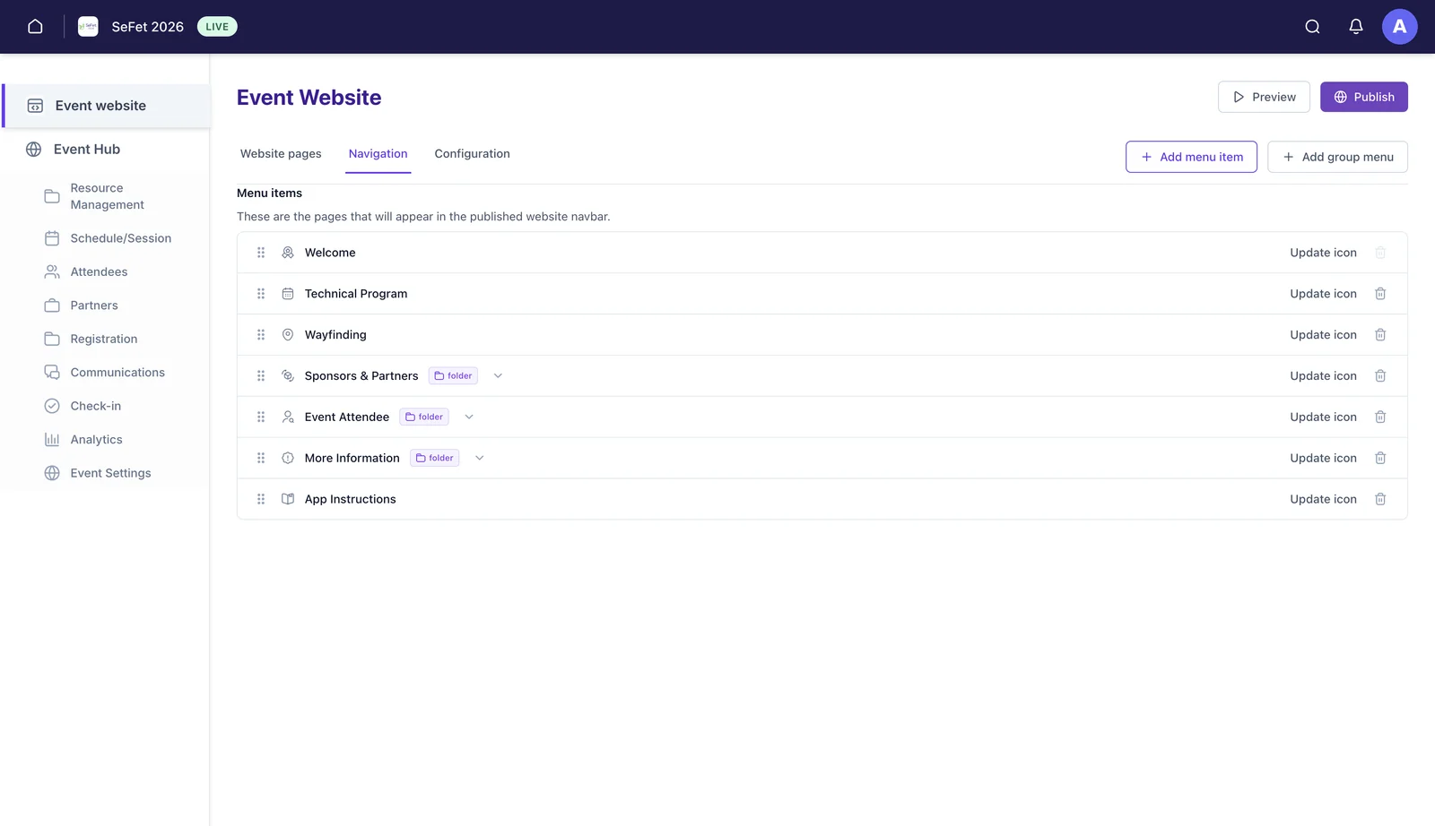 The Navigation tab of Event Website, listing menu items with drag handles, folder groupings and an Update icon action, with Add menu item and Add group menu buttons.